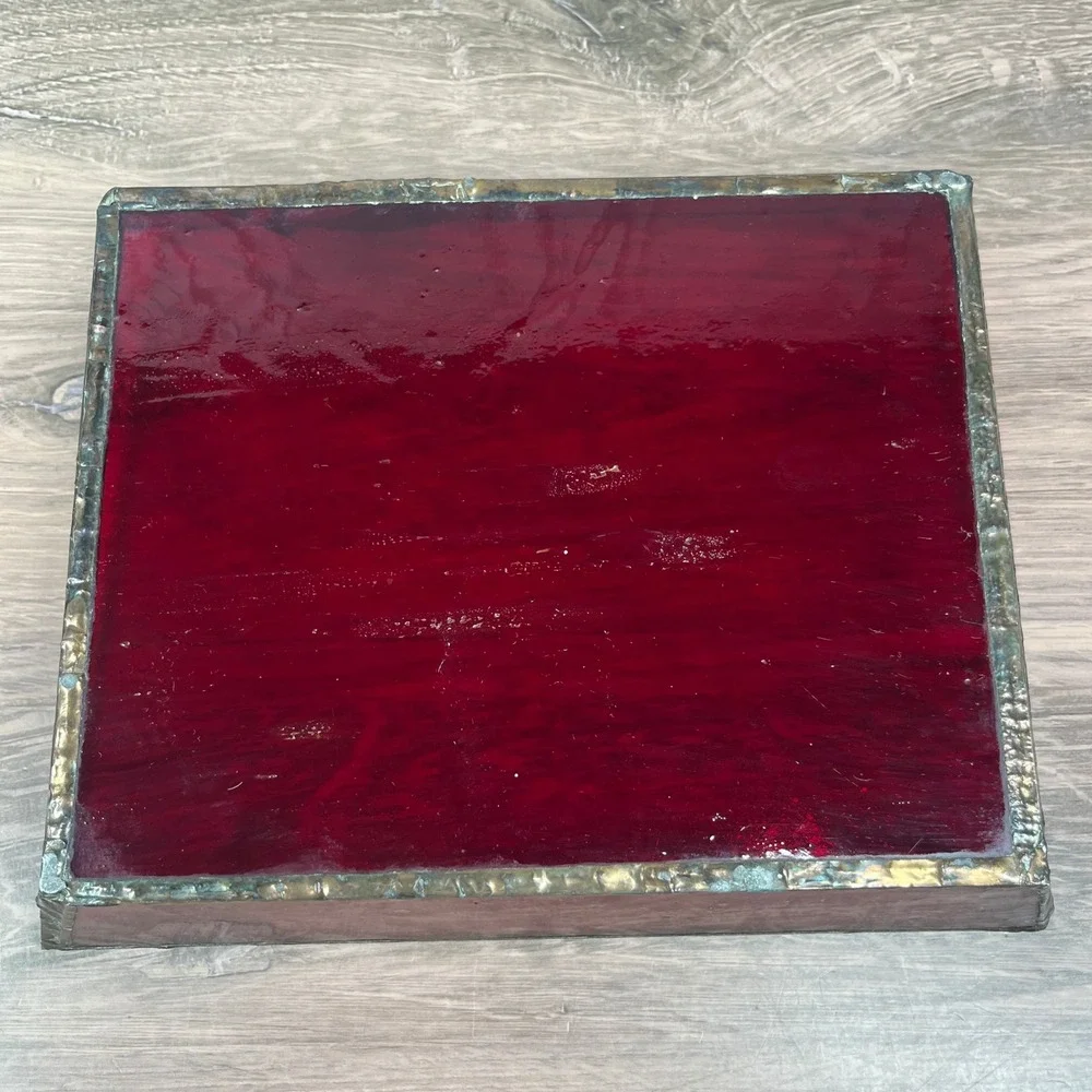 Stained Glass Vanity Catch Tray Red Art Deco Floral Catchall Dish